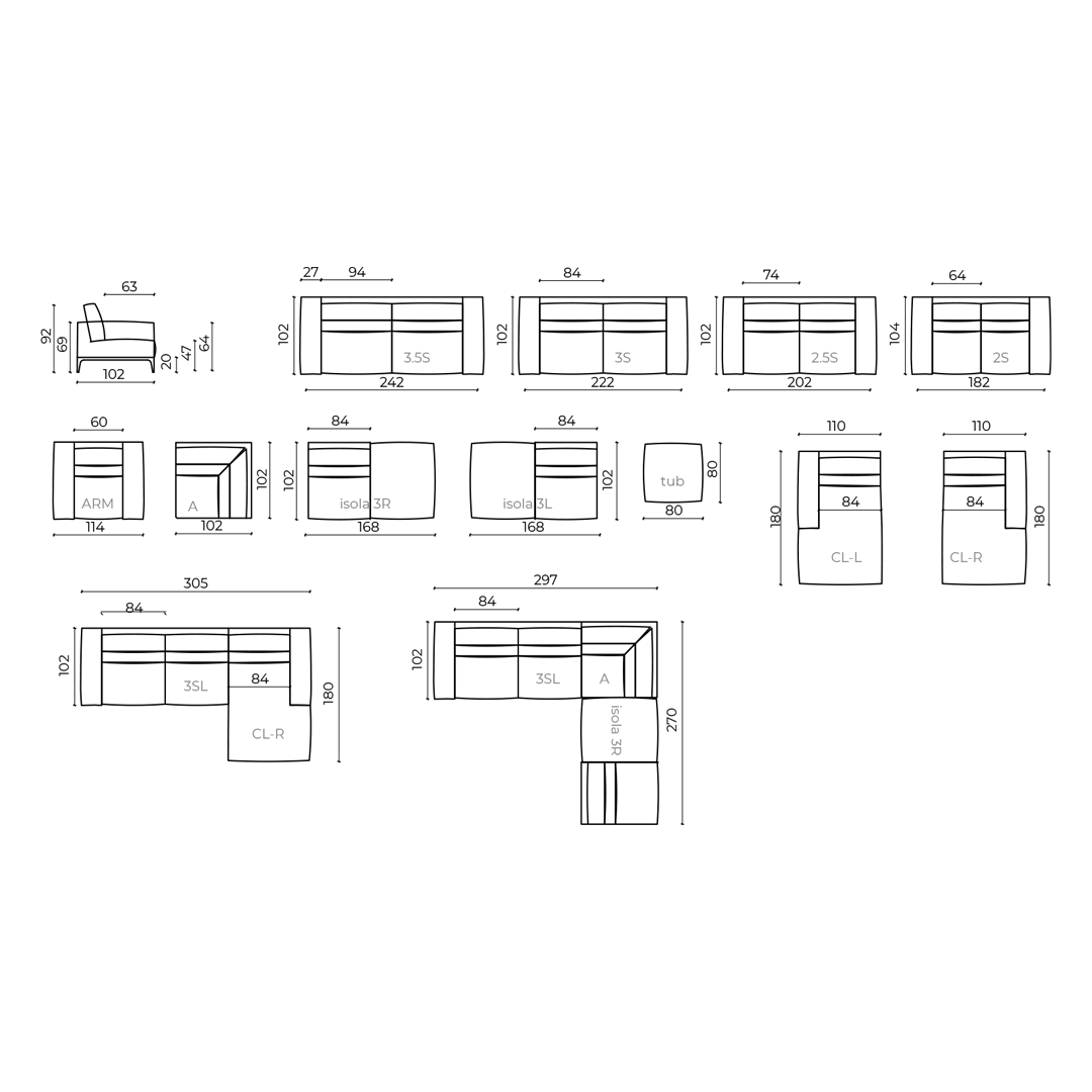 Spezifikation vom Aspen Designersofa, Gestell aus Massivholz mit Lederpolsterung